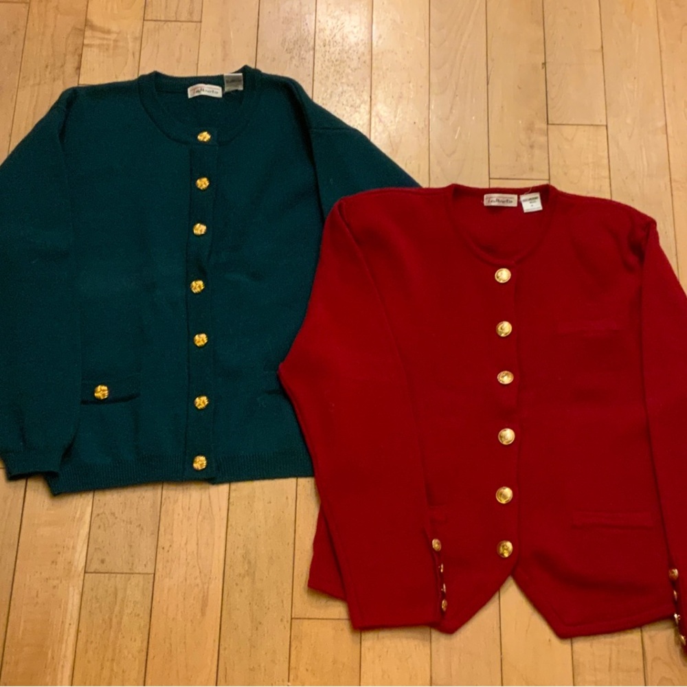Set of 2 Talbots 100% Merino Wool Cardigans True Red & Dark Green